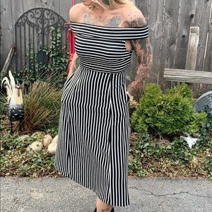 CLEARANCE: Off the shoulder b&w stripe fit & flare dress
